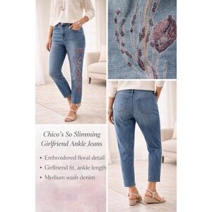 Chicos So Slimming Girlfriend Ankle Jeans Boho Chic Floral Embroidered Size 14